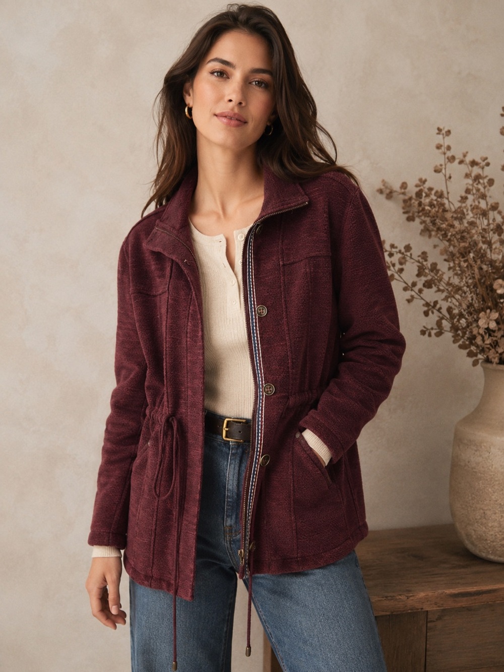 Skies Are Blue Cranberry Black Knit Utility Jacket XS Drawstring Zip Button
